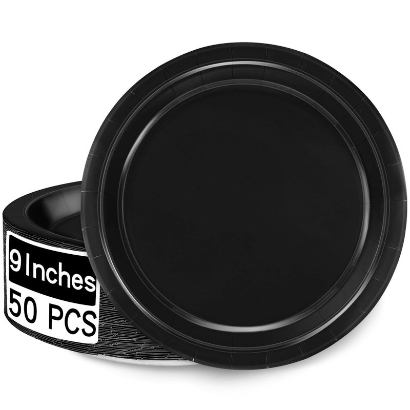 50 Pieces of Paper Plates Round Black Party Plates Pack Disposable 9 Inches Paper Dinner Plates Everyday Use Plates for Daily Meals Picnic Camping Birthday Christmas Thanksgiving Supplies